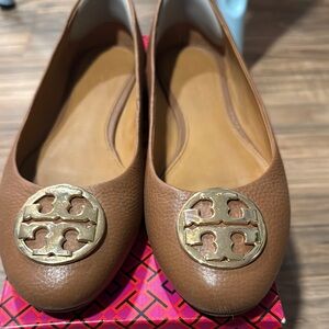 Tory Burch Tan Gold Flats with Iconic Medallion